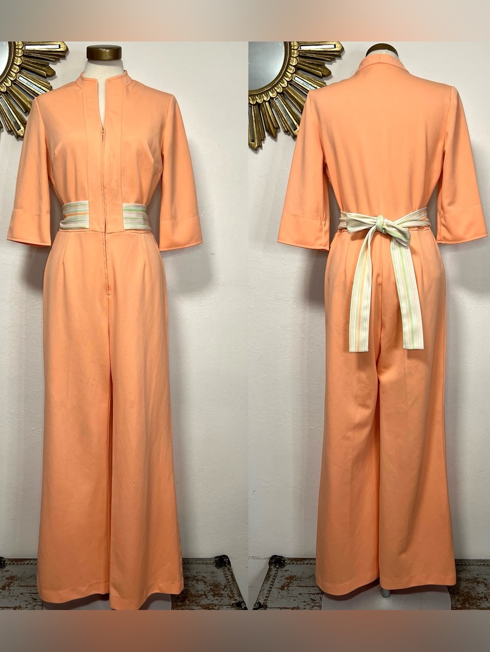 Vintage Peach Wide Leg Zip Jumpsuit with Striped Waist Tie AS IS